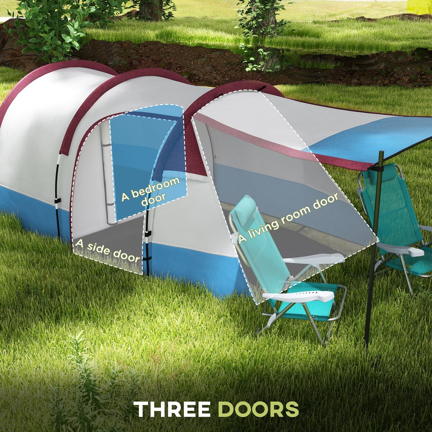 Outsunny Camping Tent, duży namiot tunelowy z sypialnią i częścią dzienną, 2000 mm wodoodporności, przenośny z torbą dla 2-3 osób, czerwony