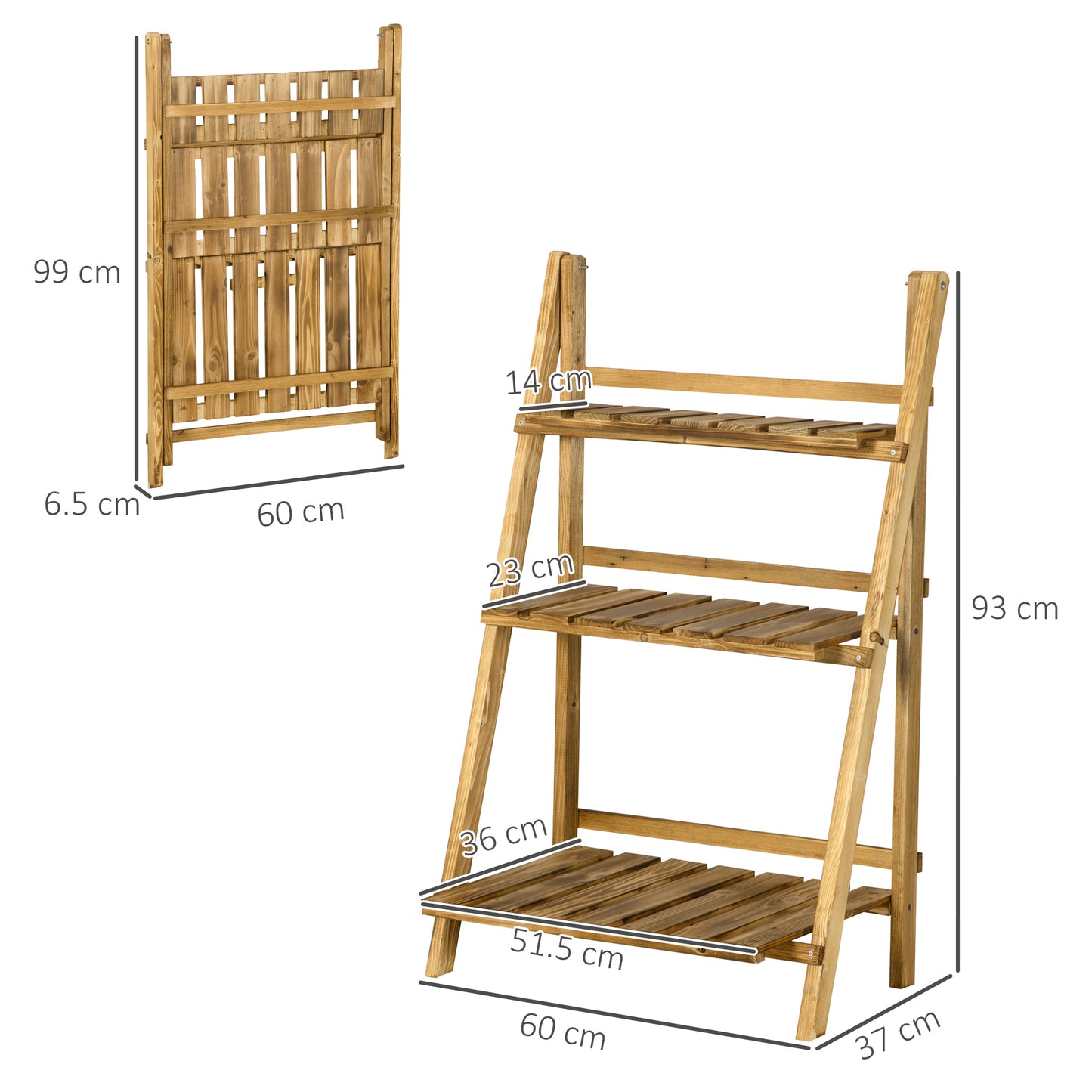 Outsunny Drewniany składany stojak na doniczki 3-poziomowy, drabina ogrodowa, półki do przechowywania, stojak na zioła (60L x 37W x 93H cm)