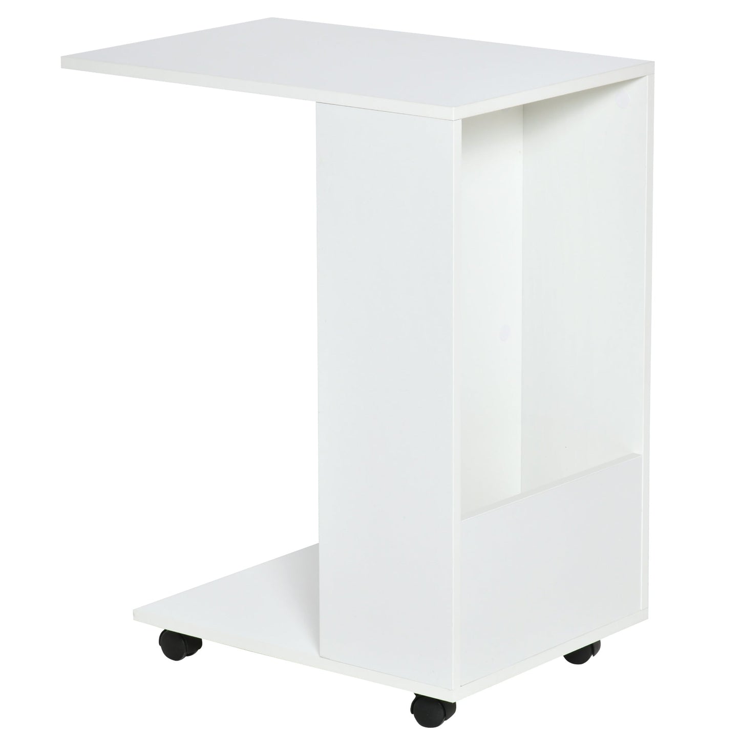 HOMCOM Mobile Sofa Side Table C-Shape End Table with Storage and Casters for Laptop Coffee Snack, White