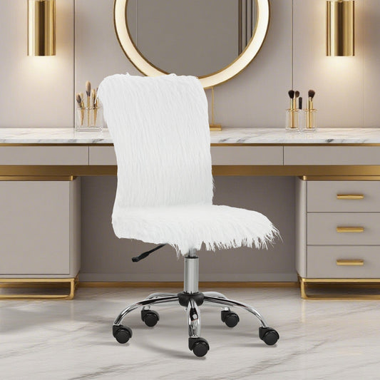 HOMCOM Plush Office Desk Chair, Modern Armless Swivel Vanity Chair with Adjustable Height for Home Office, Bedroom, Living Room, White