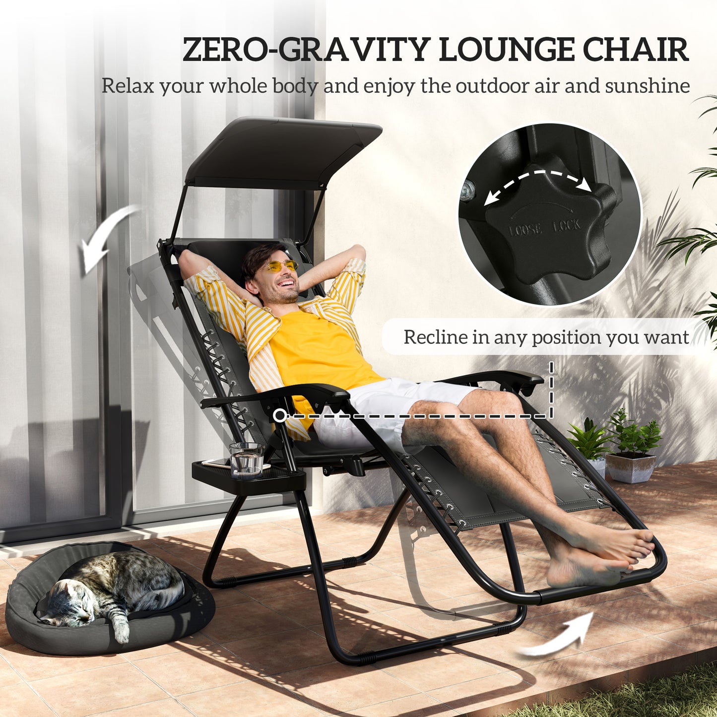 Zestaw 2 składanych leżaków Outsunny Zero Gravity, rozkładany leżak ogrodowy z osłoną przeciwsłoneczną, wyściełanym siedziskiem, uchwytem na kubek, miękką poduszką i zagłówkiem, do użytku przy basenie, kempingowy, czarny