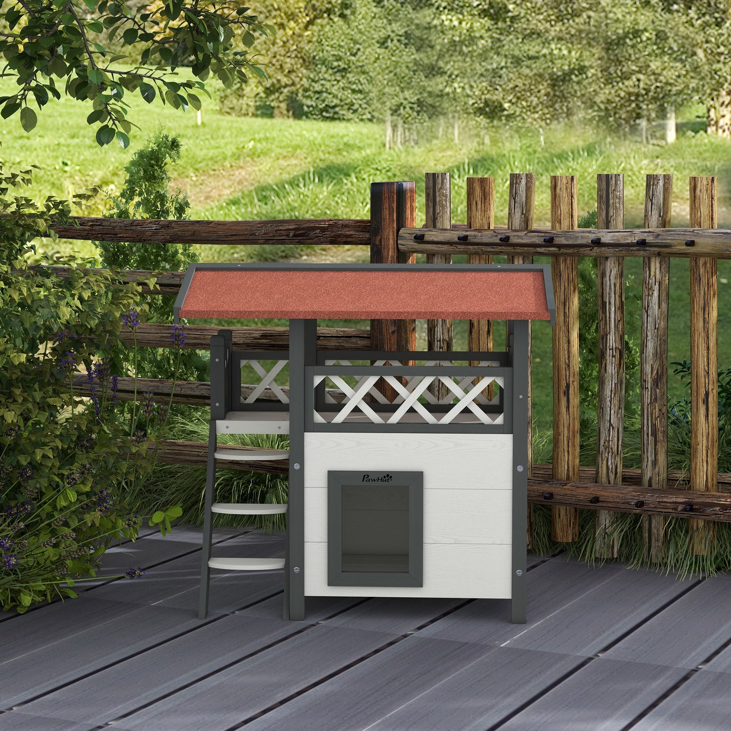 Domek dla kota PawHut na zewnątrz z balkonem i schodami, dach, 77 x 50 x 73 cm, biały