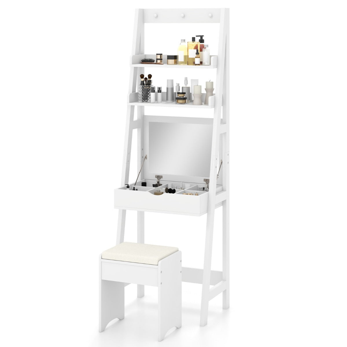Vanity Desk Set with Flip Top Mirror and Hooks-White