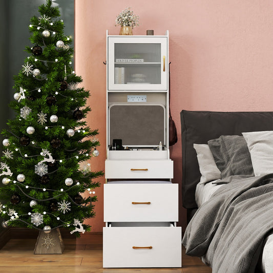 Vanity Desk with Flip-up Mirror and Movable Storage Stool-White
