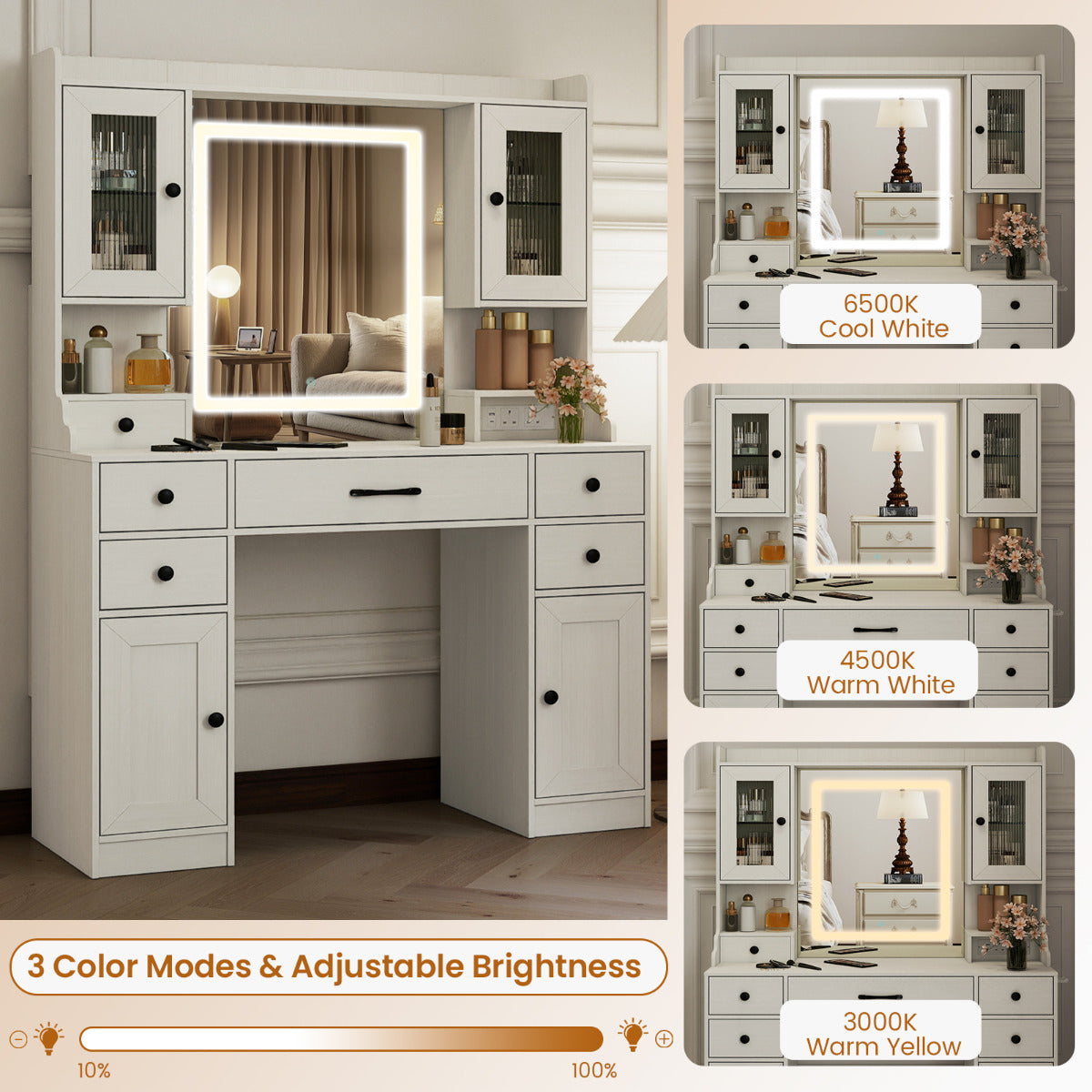Vanity Desk with Mirror and Lights for Bedroom-White