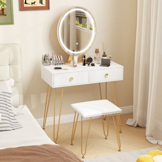 Vanity Set with LED Lighted Mirror and Soft Cushioned Stool for Bedroom-White