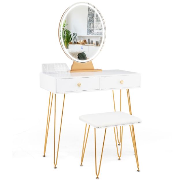 Vanity Set with LED Lighted Mirror and Soft Cushioned Stool for Bedroom-White