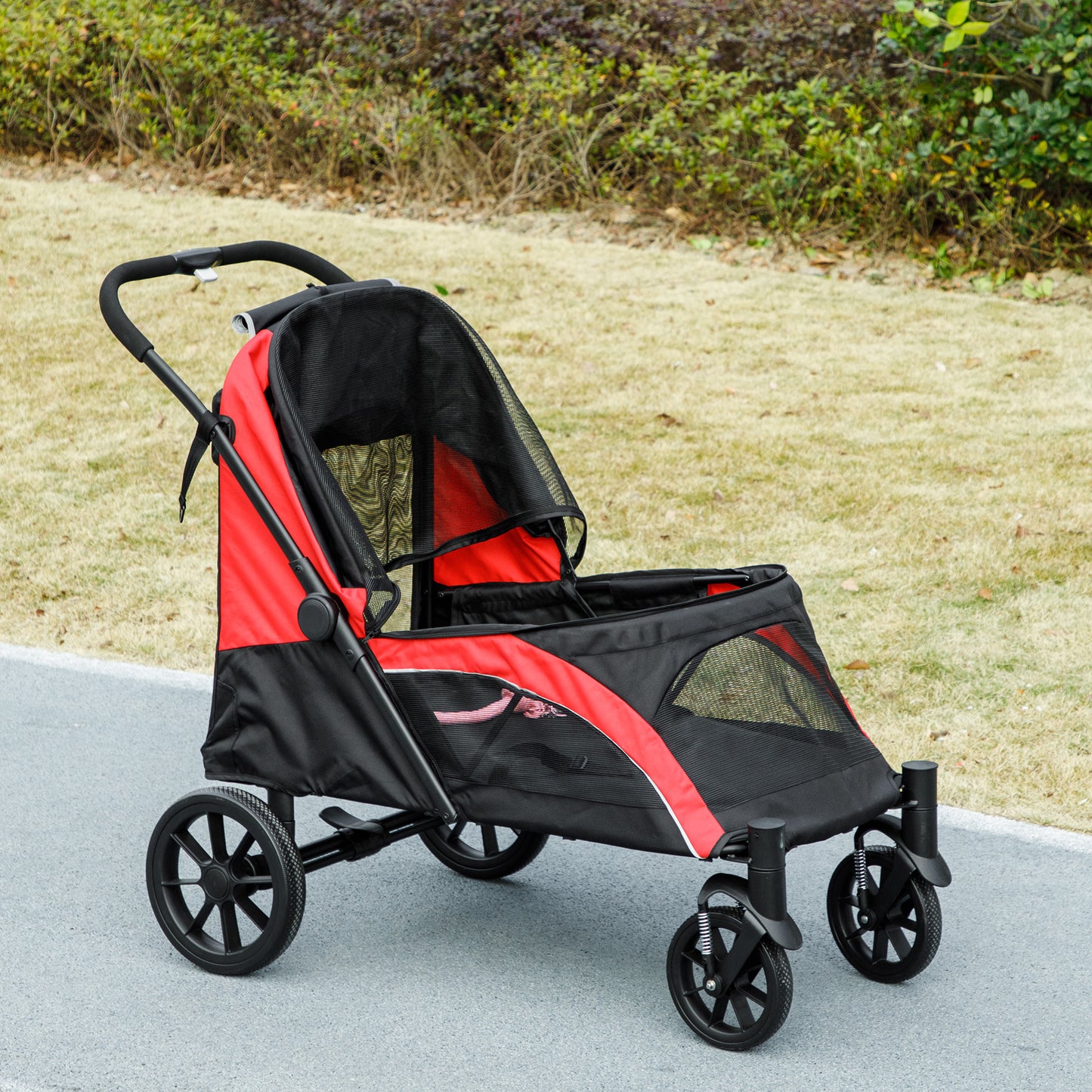 PawHut Foldable Pet Stroller for Large Dogs with Four Big Wheels, Shock-Absorbing Frame, Safety Leashes, Brakes, Red/Black