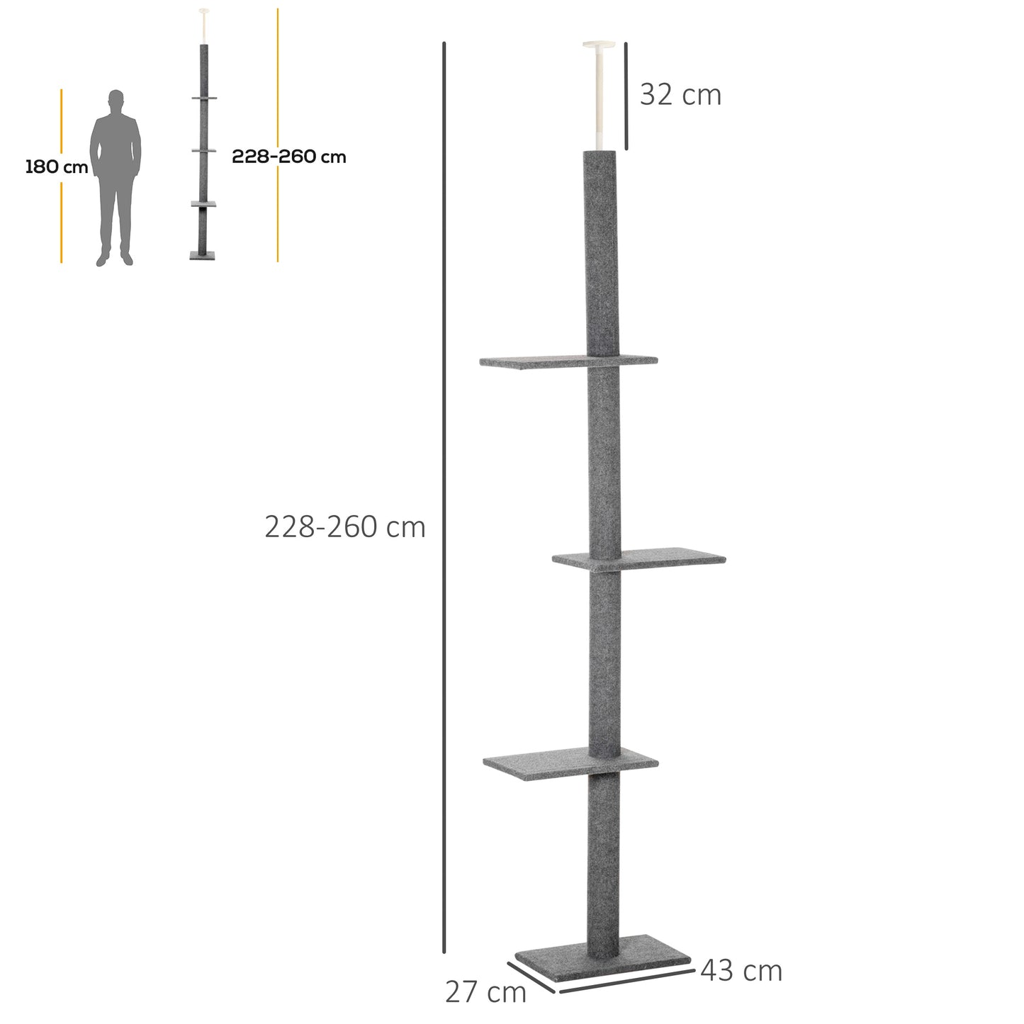 Drapak dla kota PawHut 260 cm od podłogi do sufitu dla kotów domowych z trzema platformami, centrum aktywności – szary