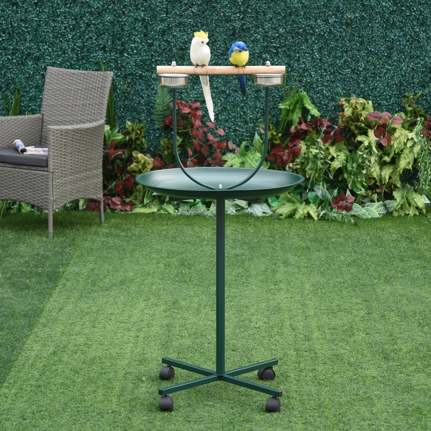 PawHut Bird Perch Stand with Four Wheels, Feeding Bowls, for Small, Medium Birds, Green