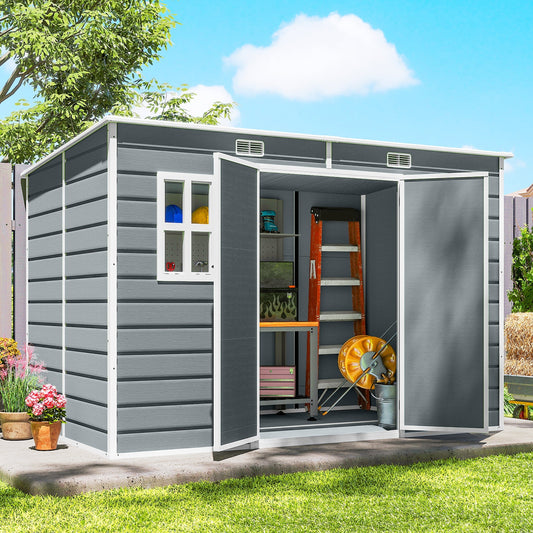 Outsunny 10 x 6 ft Resin Garden Shed, Outdoor Storage Shed with Floor, Windows, Lockable Doors and Vents, Grey