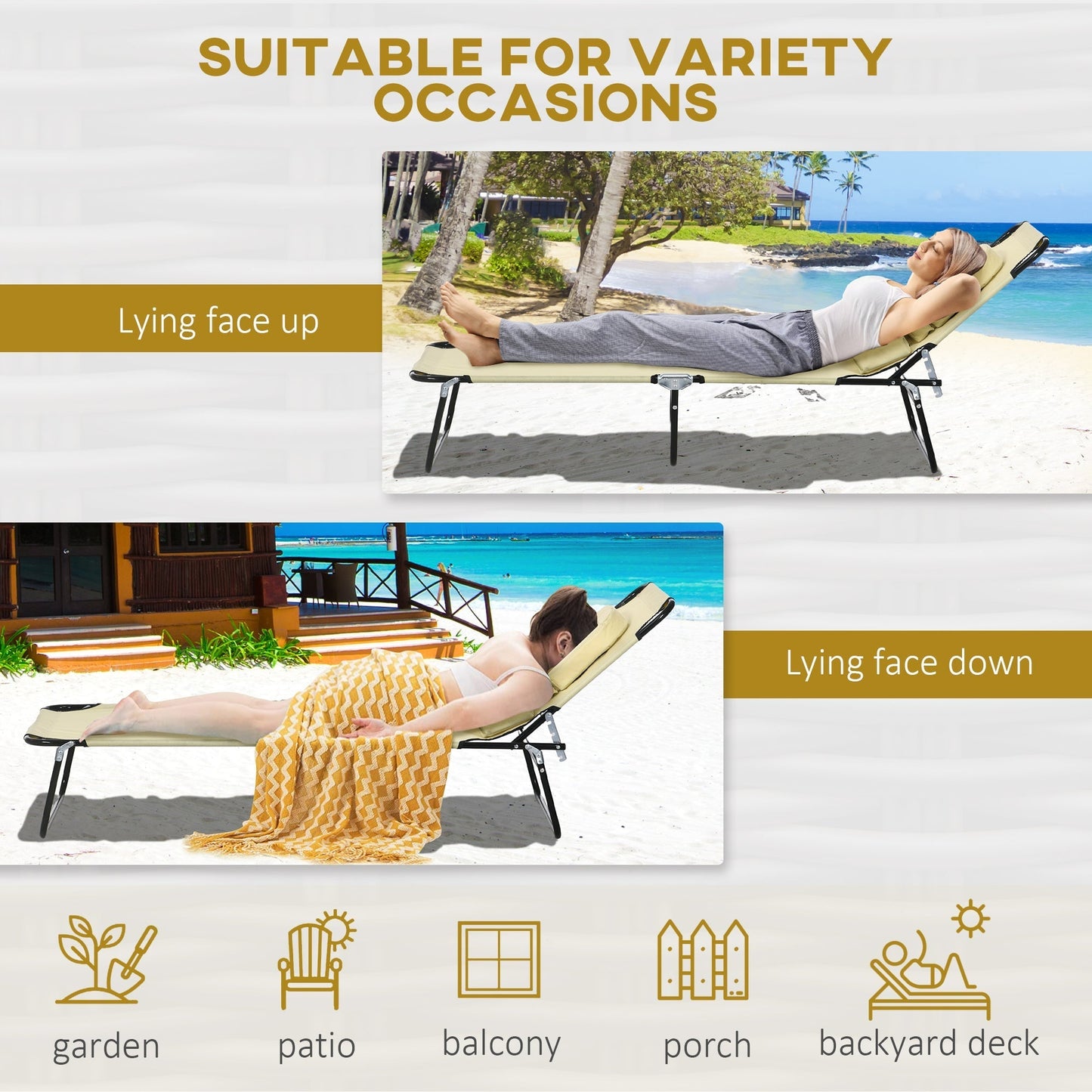 Outsunny Outdoor Folding Sun Lounger Set of 2 with Face Hole, 4 Level Adjustable Backrest Reclining Garden Lounger, Garden Recliner Sunbed with 600 D Oxford Cloth Seat and Pillow for Beach, Beige
