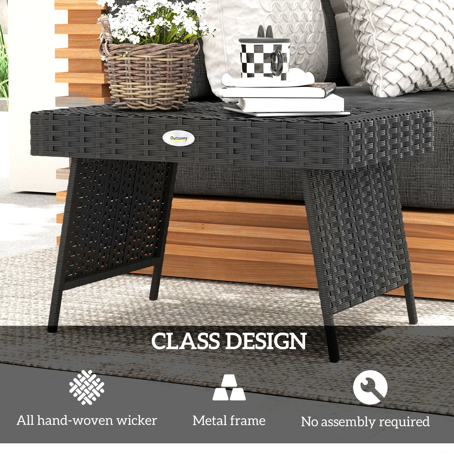 Outsunny Foldable Outdoor Coffee Table, Steel Frame Rattan Side Table, Coffee Table Side Table for Garden, Black