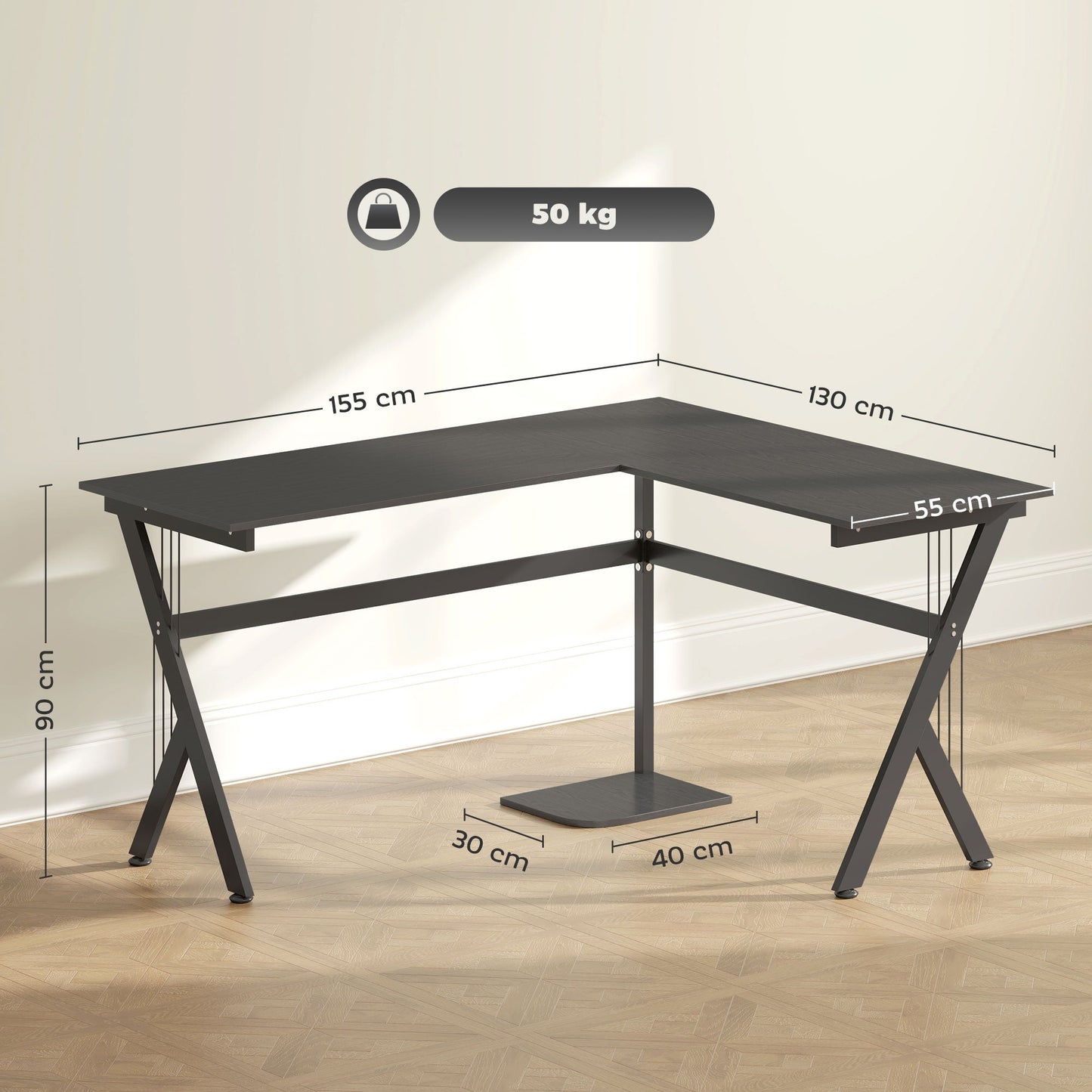 Biurko gamingowe HOMCOM w kształcie litery L, 155 x 130 cm, narożne biurko komputerowe z podstawką pod procesor do biura domowego, stanowiska pracy w gabinecie, czarne