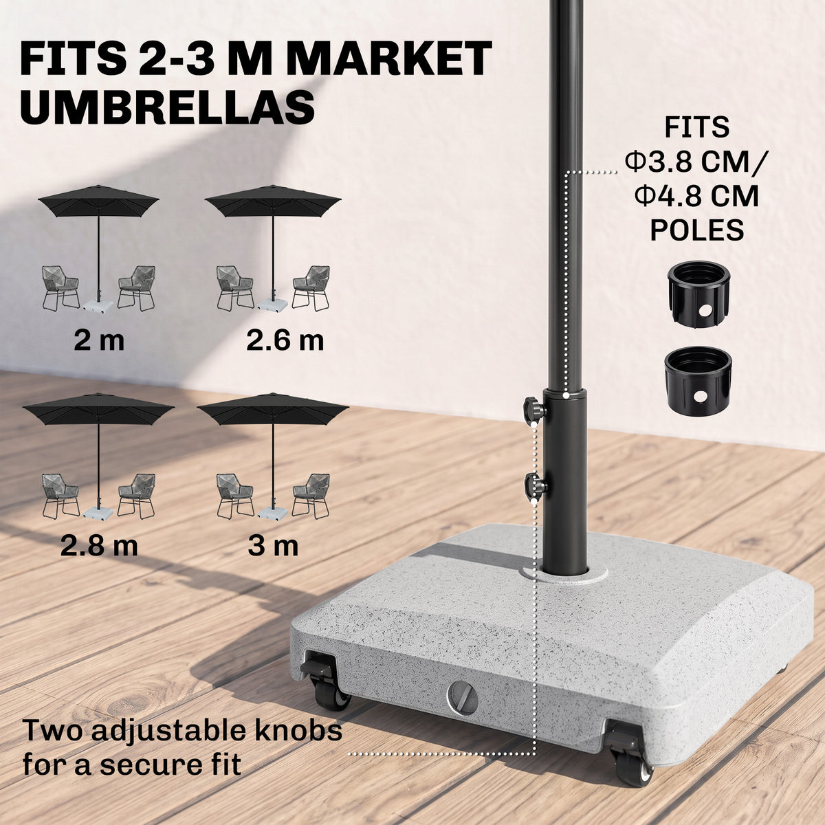Outsunny Garden Parasol Base Holder, 24kg Water or 30kg Sand Filled, Outdoor Market Umbrella Stand Weight with Wheels and Brakes, Grey