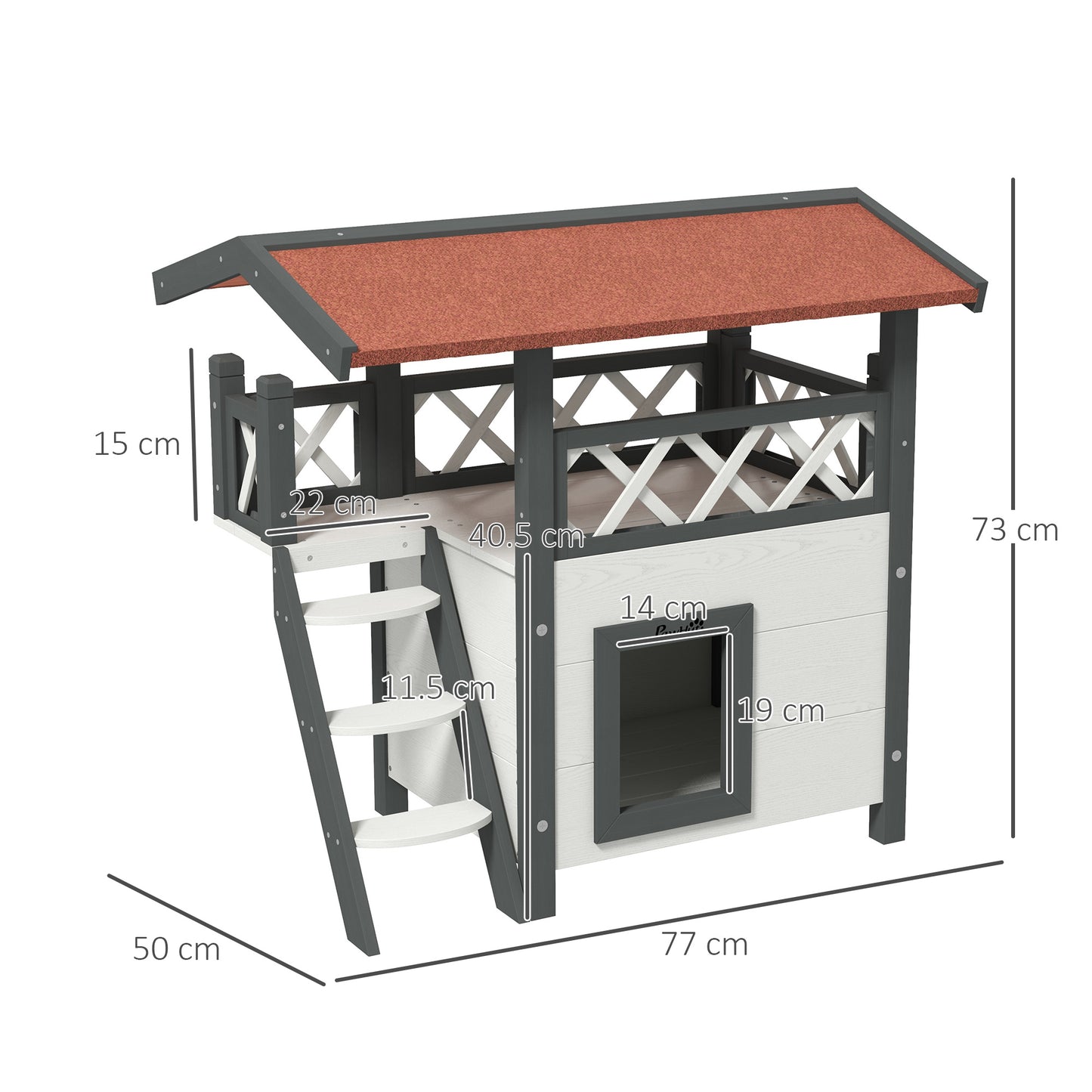 Domek dla kota PawHut na zewnątrz z balkonem i schodami, dach, 77 x 50 x 73 cm, biały