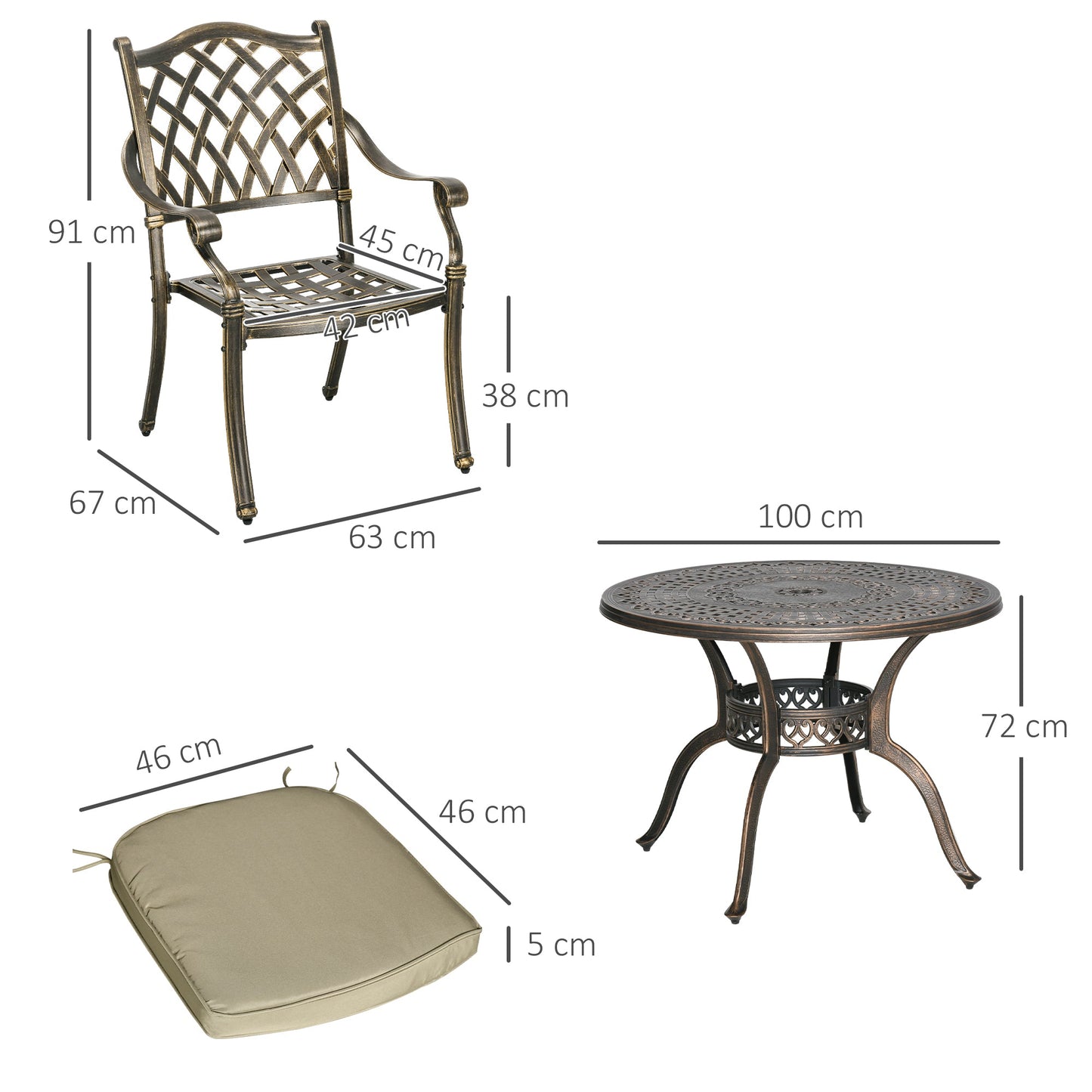 Outsunny 4-osobowy zestaw ogrodowy do jadalni z antycznego odlewu aluminiowego z poduszkami, okrągły stół jadalny z otworem na parasol, brąz