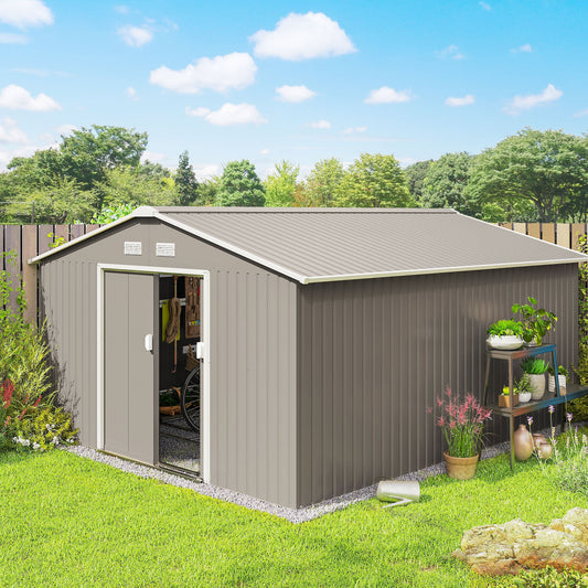 Outsunny 13 x 11ft Large Garden Shed, Mental Garden Storage Shed with Foundation Kit Ventilation & Doors, Light Grey