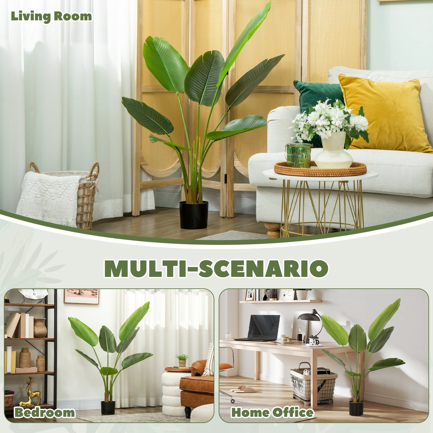 HOMCOM 109cm Artificial Bird of Paradise Plant, Faux Banana Leaf Tree with PEVA Leaves and Flocking, Decorative Palm Tree in Pot for Home Office Decor, Green