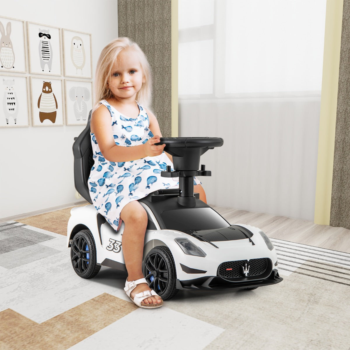 3-in-1 Ride on Push Car with 2 Universal Wheels, Music Steering, Guardrail and Handlebar-White