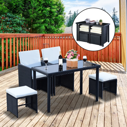 Outsunny 2 Seater Rattan Cube Garden Furniture Set, Rattan Dining Set with Cushions, Outdoor Dining Table and Chairs with 2 Armchairs, 2 Stools, Rectangular Glass Top Table for Patio, Balcony, Black