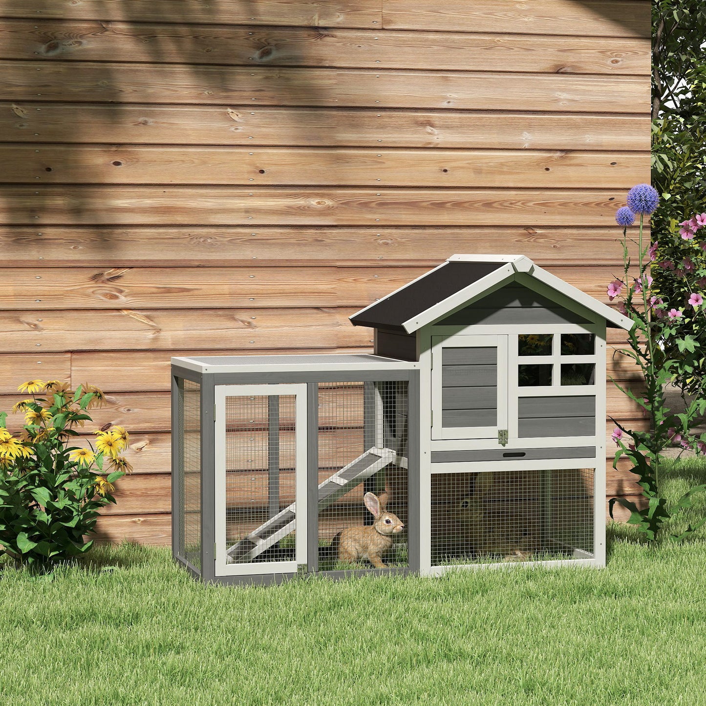 PawHut Rabbit Hutch Outdoor Wooden Guinea Pig Hutch Rabbit Run Bunny Cage Small Animal House Pull-Out Tray, Grey, 122 x 62.6 x 92 cm