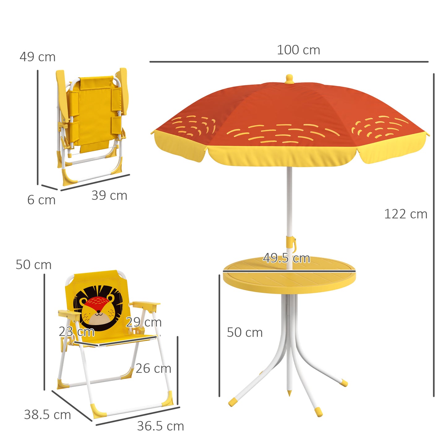 Zestaw piknikowy Outsunny Kids, stół i krzesła, meble ogrodowe z motywem lwa, składane krzesła, regulowany parasol - żółty