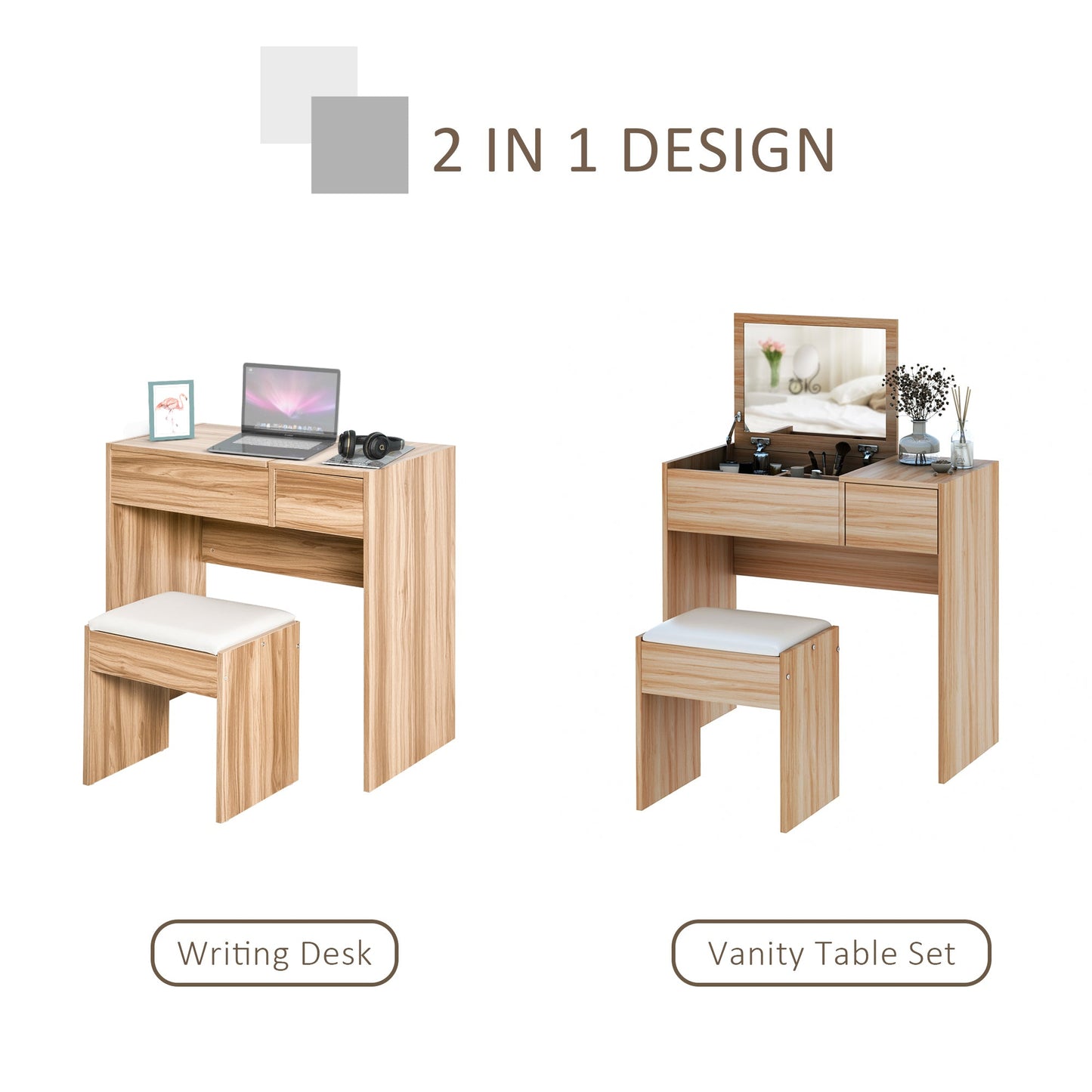 HOMCOM Dressing Table with Flip-Up Mirror and Cushioned Stool, Makeup Vanity Desk with Hidden Compartments and Storage Drawer, Convertible Writing Table for Bedroom, Natural