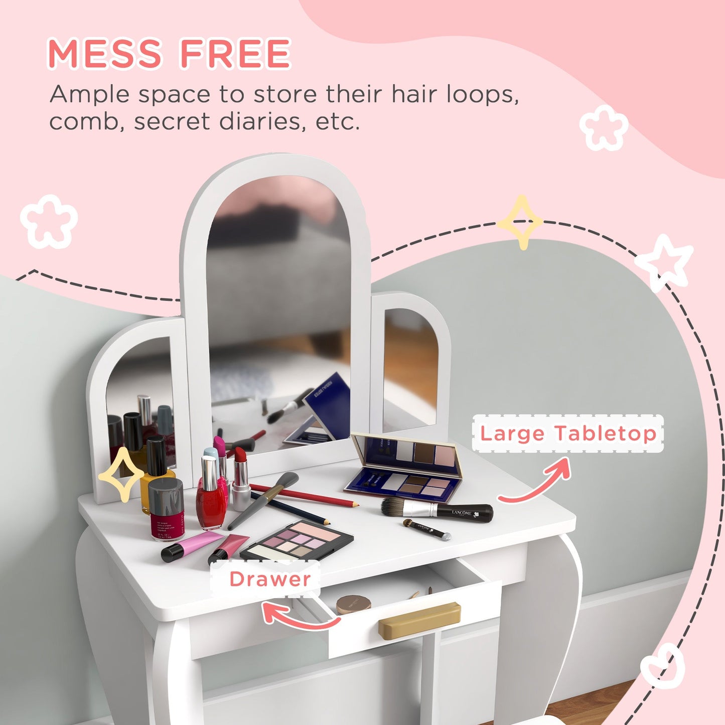 HOMCOM Kids Dressing Table Set, with Mirror and Drawer - White