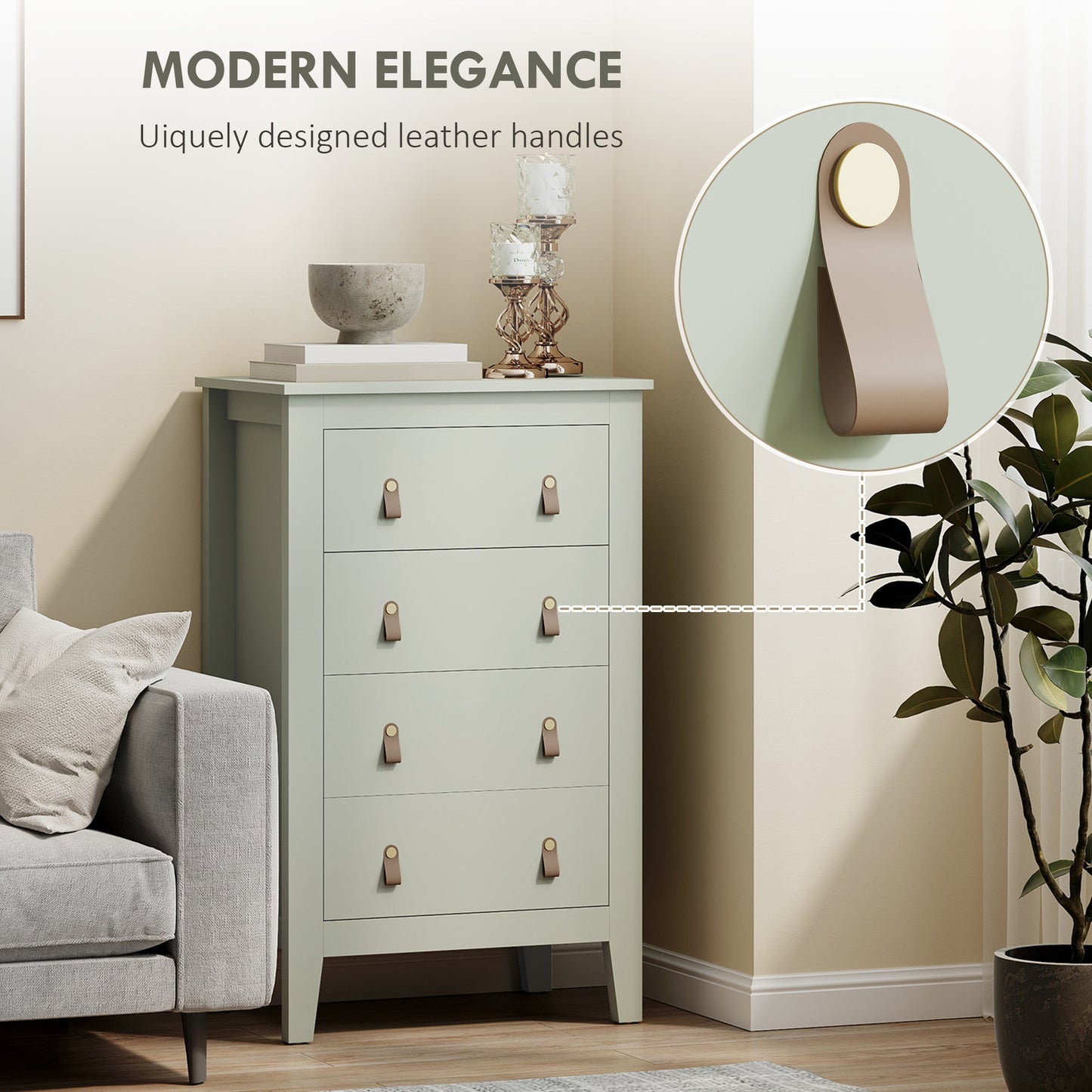 HOMCOM Bedroom Chest of Drawers, Modern 4 Drawer Dresser Cabinet with PU Leather Handles and Metal Runners for Living Room, Hallway, Entryway, Green