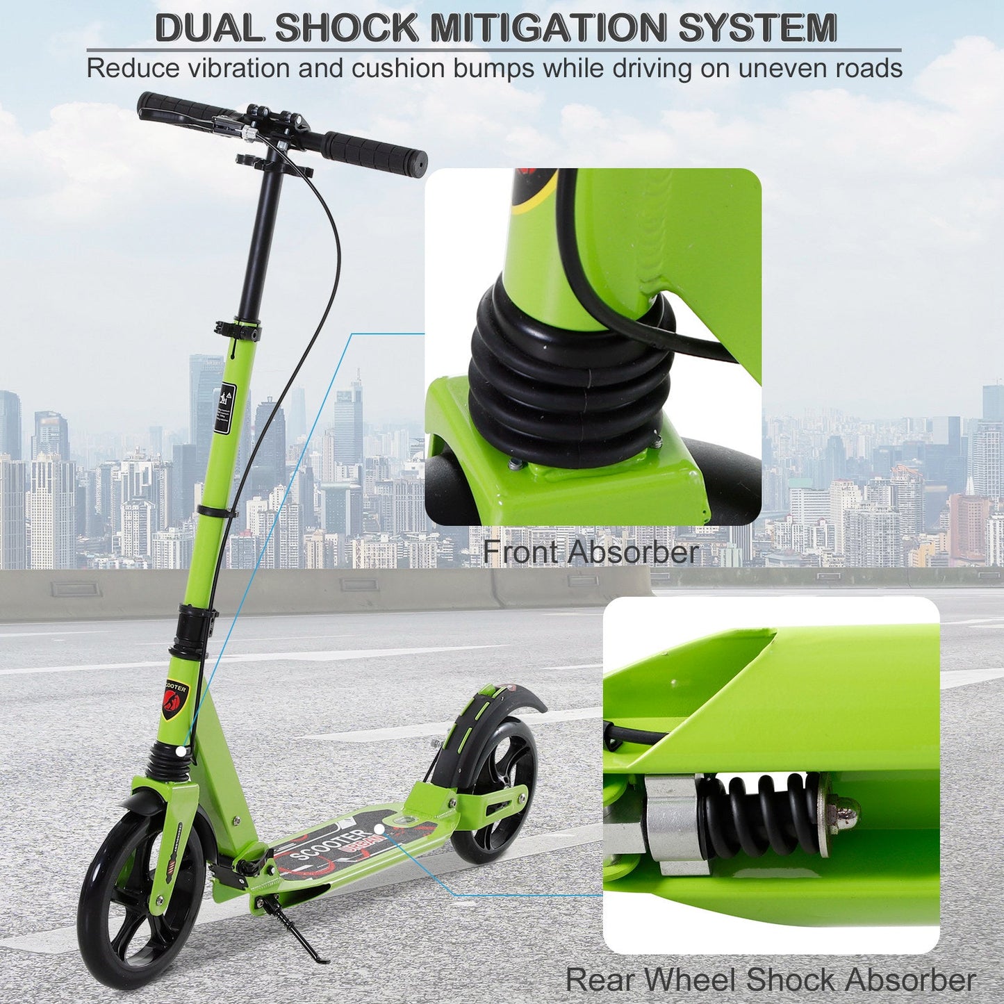 HOMCOM Kick Scooter, Folding 2 Wheel Scooter for 14+ Teens Adults, with Dual Brake System, Dual Suspension, 230mm Big Wheels, 3 Adjustable Handlebar, up to 100KG, Green