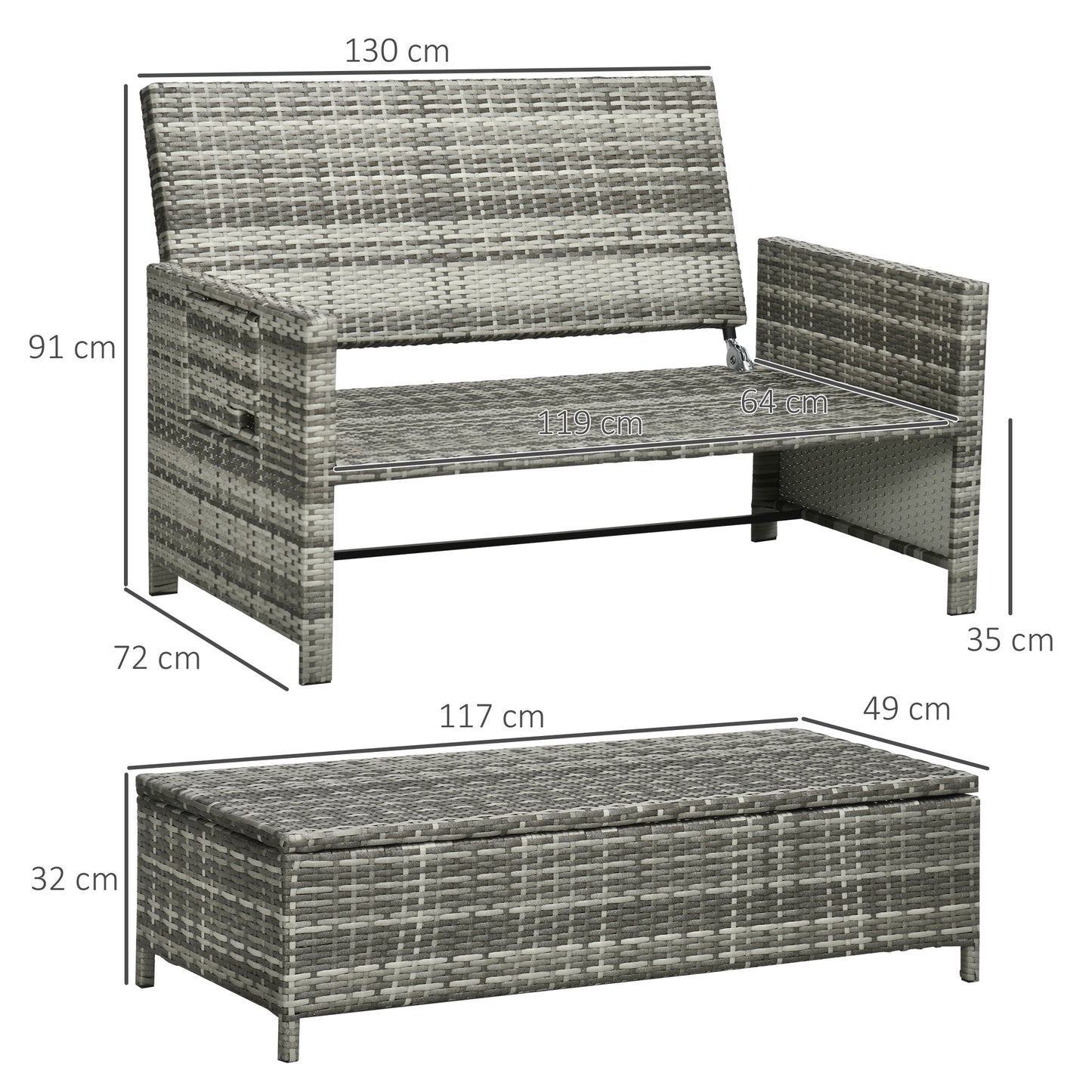 Outsunny 2-osobowa składana sofa do ogrodu, patio, meble ogrodowe z rattanu, leżak, leżanka z gąbką ognioodporną - szara