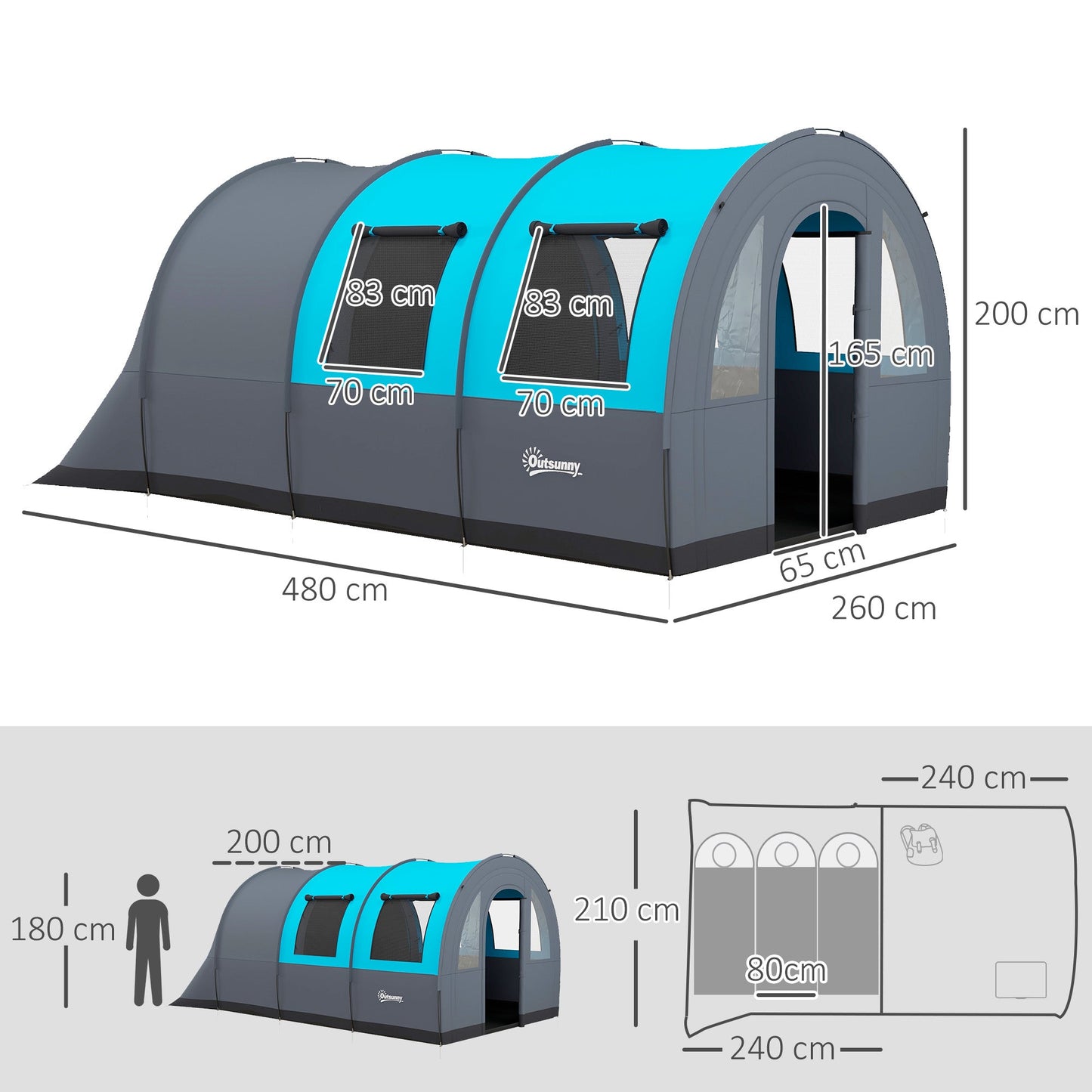 خيمة Outsunny Six Man Duo Room Tunnel مع ملحقات - رمادي/أزرق