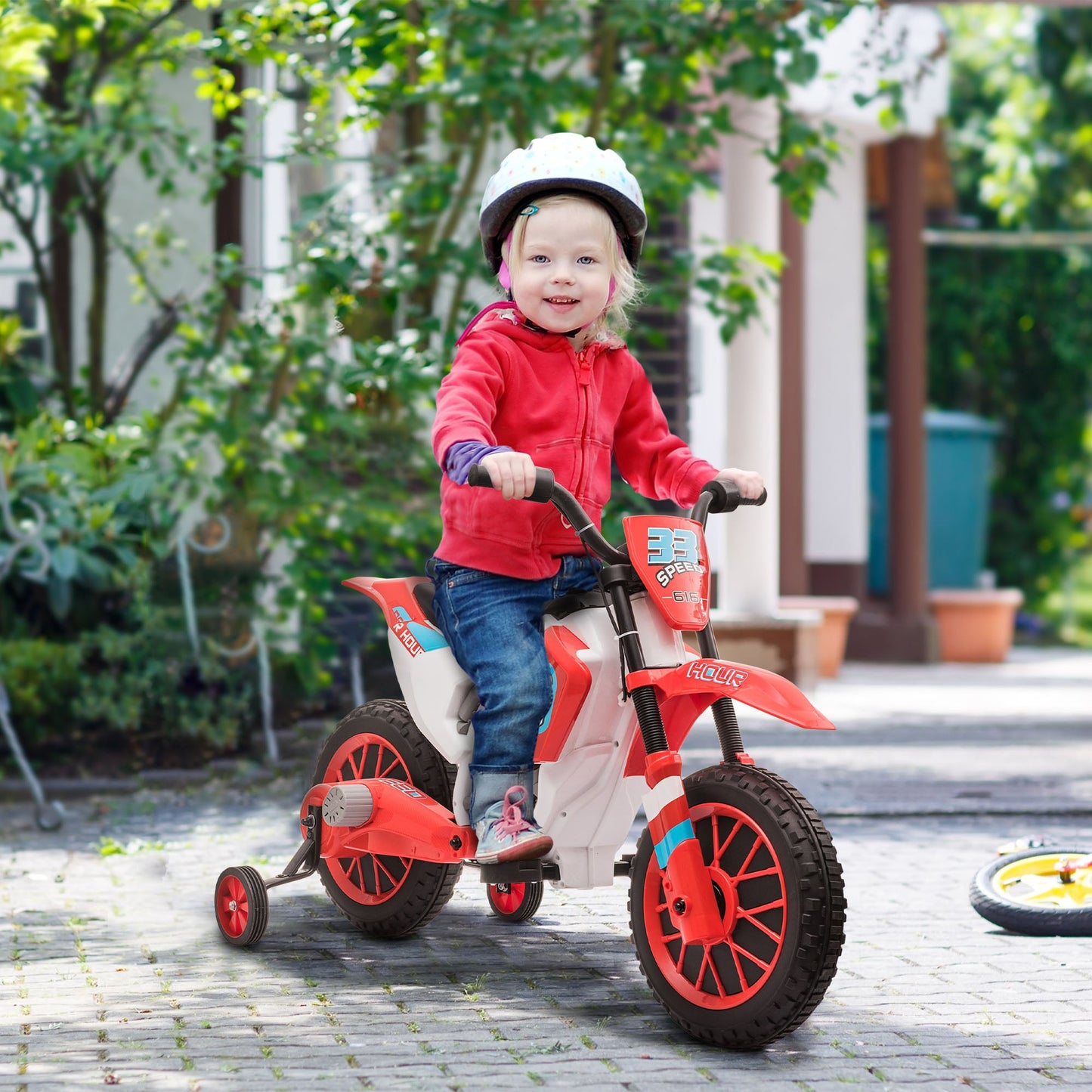 HOMCOM 12V Elektryczny Motocykl Dziecięcy Jeździk, z Kółkami Bocznymi, dla Dzieci w Wieku 3-6 Lat - Czerwony