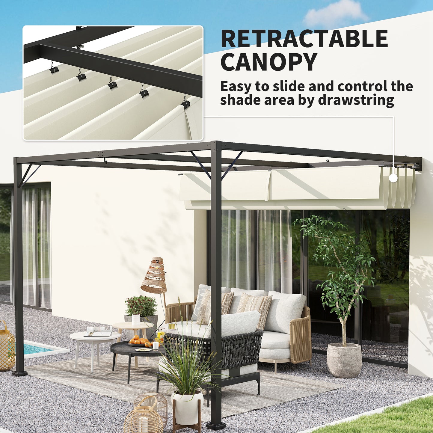 Outsunny 3 x 3(m) Pergola zewnętrzna z chowanym daszkiem - kremowo-biała