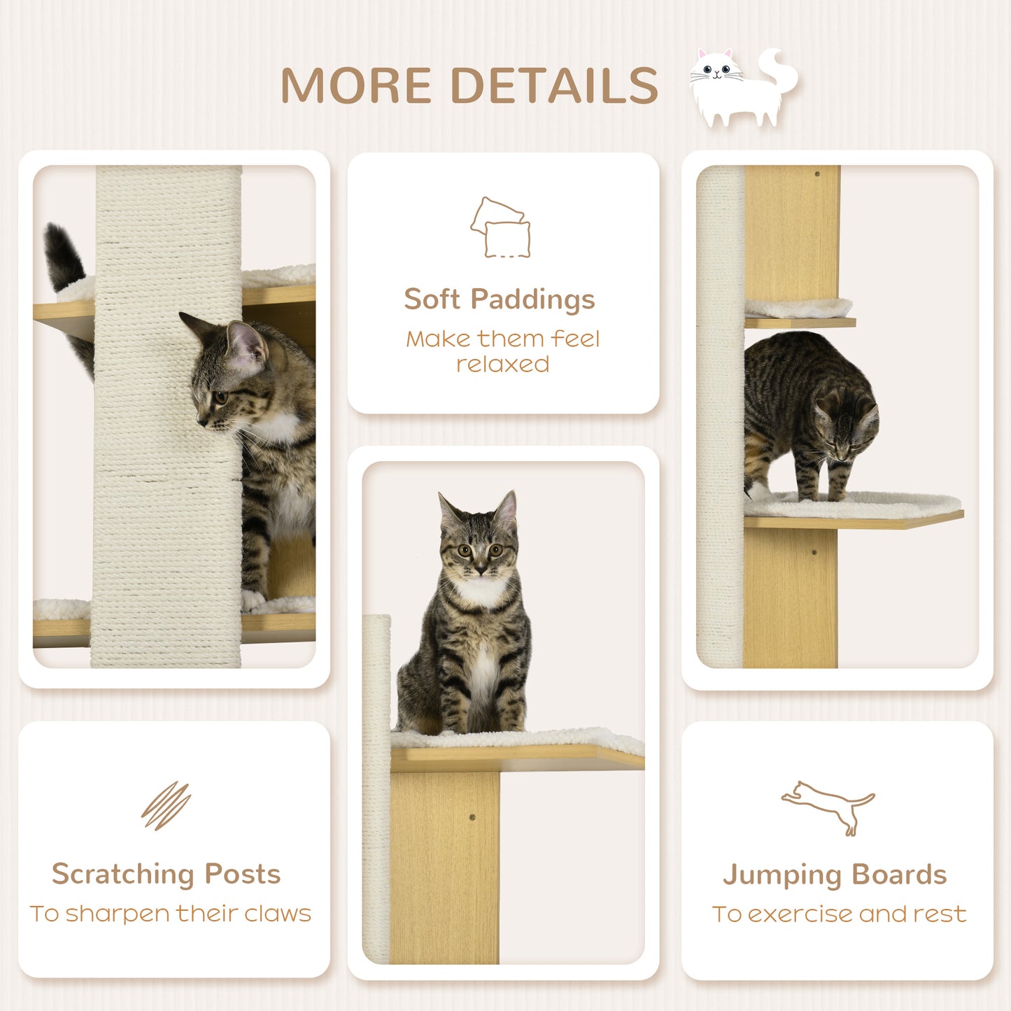 PawHut Four-Layer Wall-Mounted Shelf, with Cushions, Scratching Board - Oak Tone