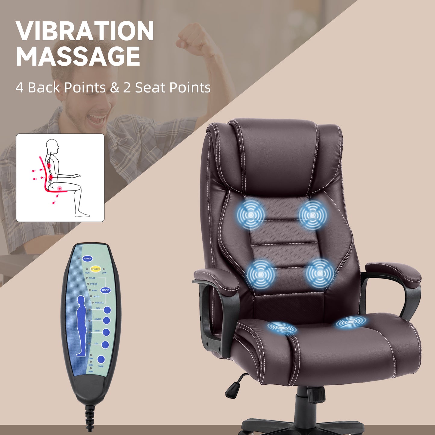 Vinsetto Office Chair with 6-Point Maaage and Back Heat, PU Desk Chair with Padded Seat and Armrest, Computer Chair with Tilt Function for Home, Brown