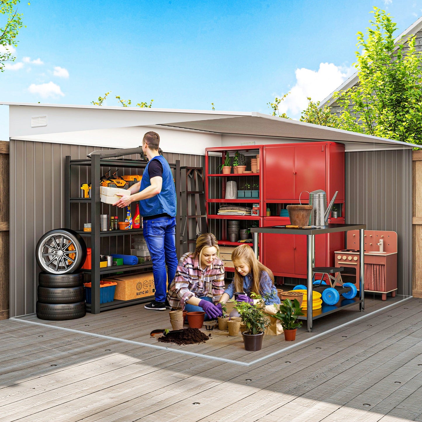 Outsunny 11,3 x 9,2 ft Lean to Metal Garden Shed, zewnętrzny ocynkowany domek do przechowywania narzędzi z podwójnymi drzwiami przesuwnymi i 2 otworami wentylacyjnymi, szary
