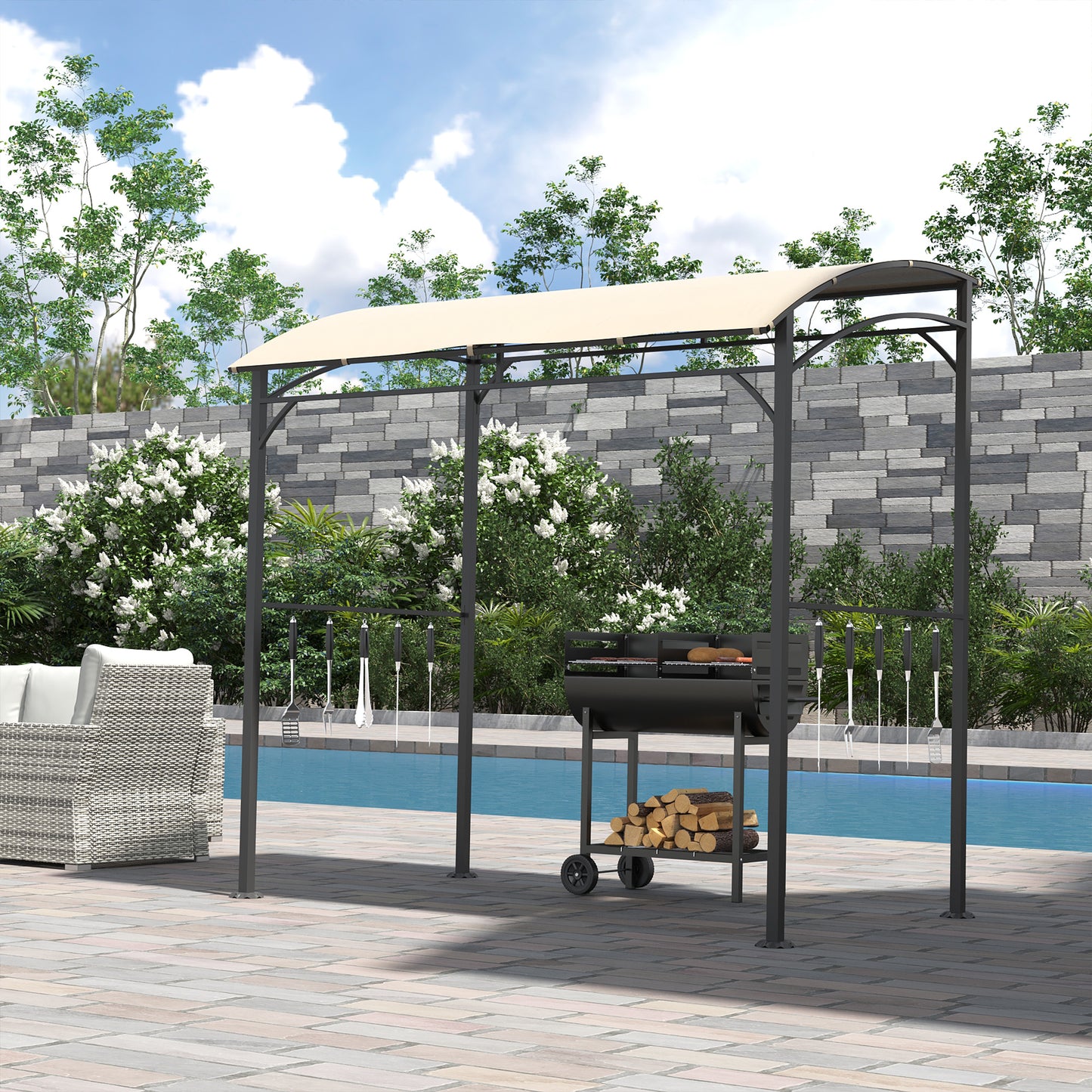 Namiot ogrodowy Outsunny 2,2 x 1,5 m z grillem BBQ, metalową ramą, zakrzywionym daszkiem i 10 haczykami, markiza przeciwsłoneczna do użytku na zewnątrz, beżowy