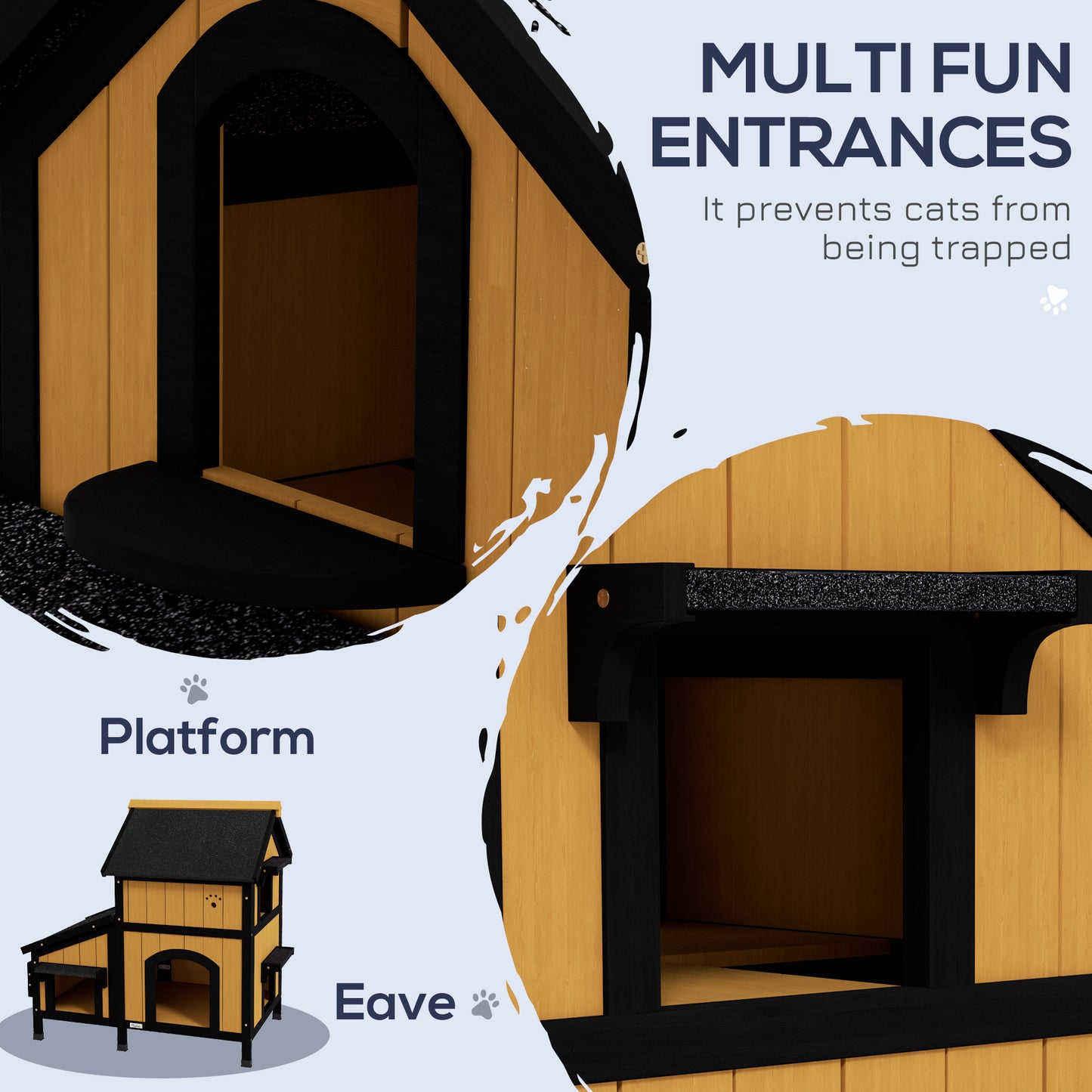 PawHut Wooden Cat House with Flower Pot, Windows, Multiple Entrances, Water-Resistant Roof for Outdoor - Yellow