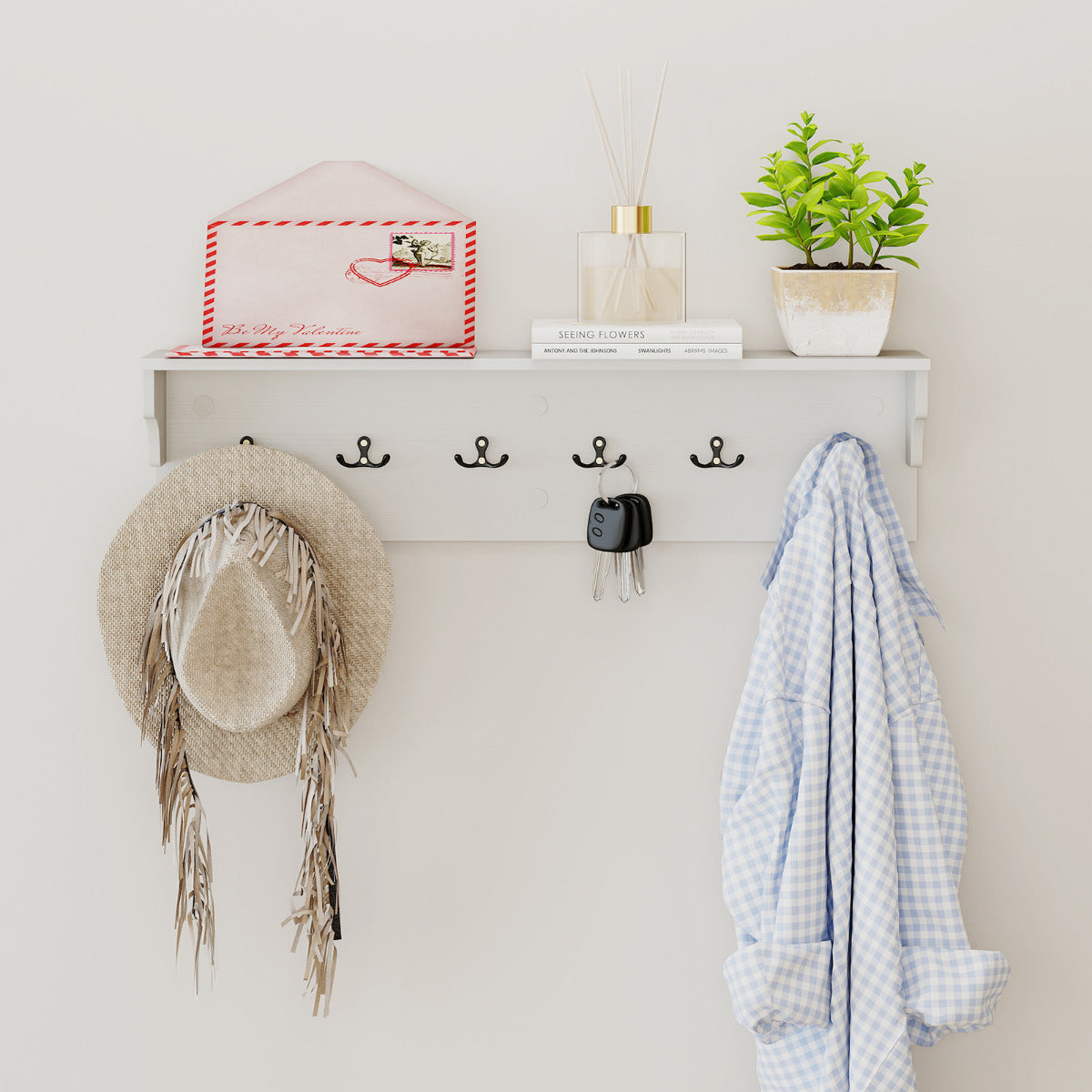 80 CM Wall Hooks with Shelf Wooden Coat Rack-White