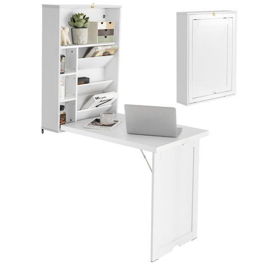 Wall Mounted Desk with 3-tier Tilt Storage Partition and Adjustable Shelves-White