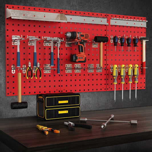 Wall-Mounted Pegboard Tool Organizing Kit with 28 PCS Hanging Accessories-Red