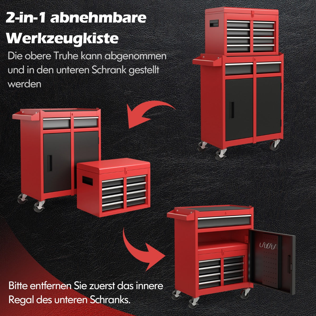 High Capacity Tool Storage Cabinet with Lockable Wheels-Black & Red