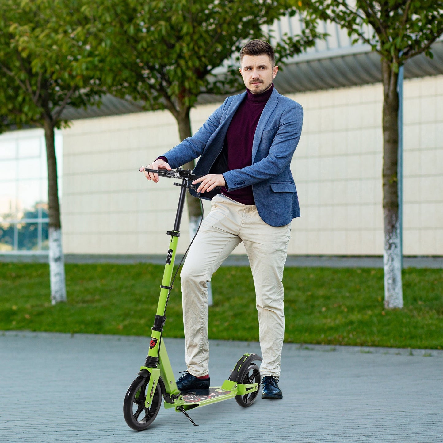 HOMCOM Kick Scooter, Folding 2 Wheel Scooter for 14+ Teens Adults, with Dual Brake System, Dual Suspension, 230mm Big Wheels, 3 Adjustable Handlebar, up to 100KG, Green