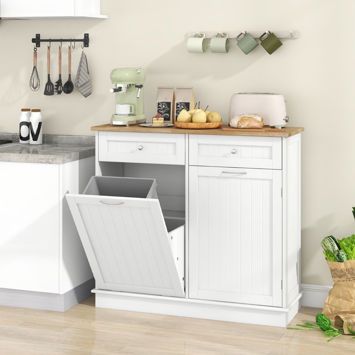Kitchen Tilt-Out Trash Cabinet with 2 Drawers and Adjustable Shelves-White