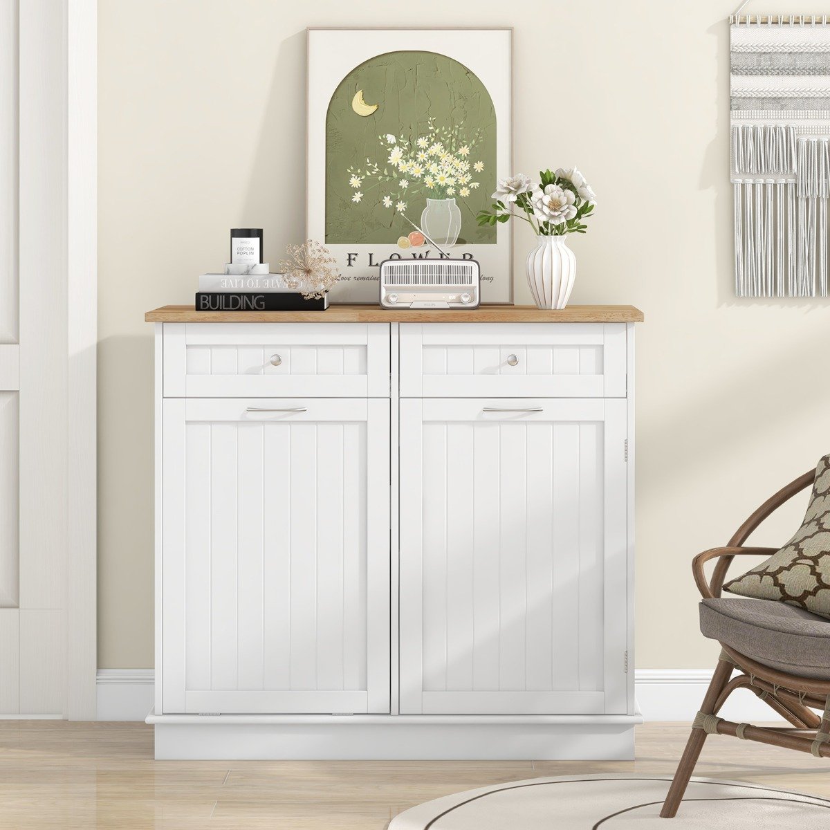 Kitchen Tilt-Out Trash Cabinet with 2 Drawers and Adjustable Shelves-White