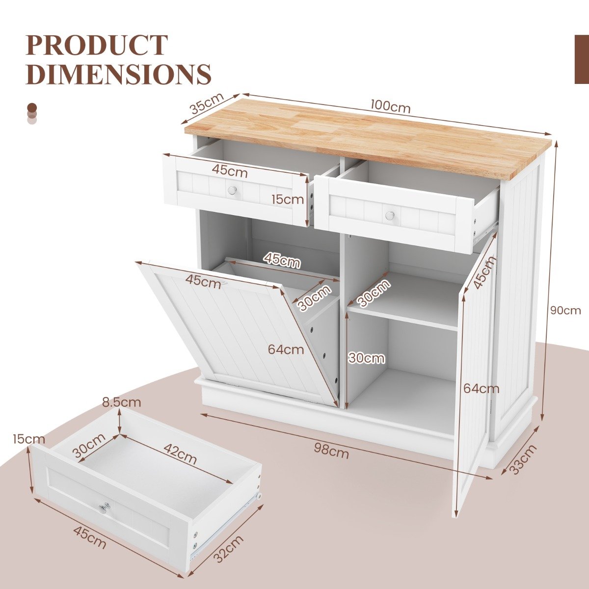 Kitchen Tilt-Out Trash Cabinet with 2 Drawers and Adjustable Shelves-White