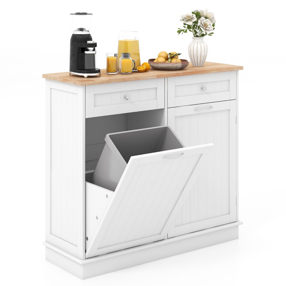Kitchen Tilt-Out Trash Cabinet with 2 Drawers and Adjustable Shelves-White