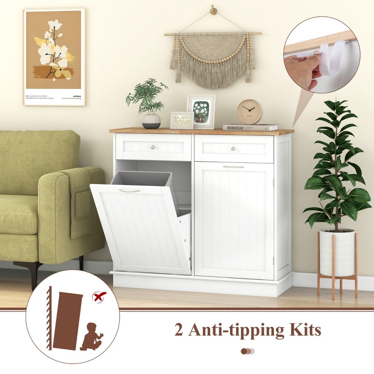 Kitchen Tilt-Out Trash Cabinet with 2 Drawers and Adjustable Shelves-White